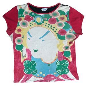Vintage Y2K Euro Abstract Face Art Print Baby Tee Colorblock Top